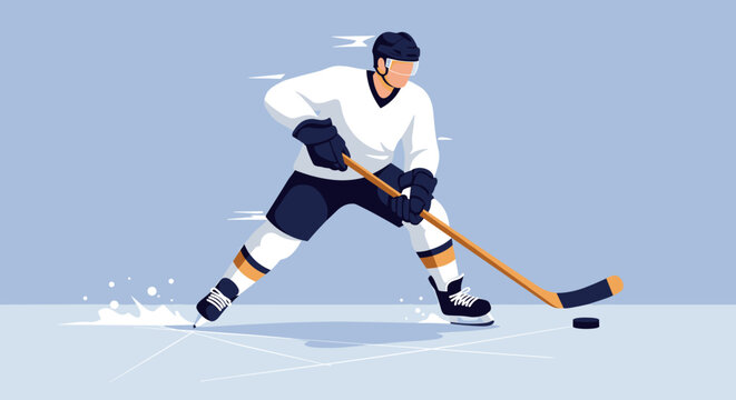 A dynamic vector illustration showcases a hockey player in action, skillfully maneuvering the puck with speed and precision on a light blue ice rink backdrop.