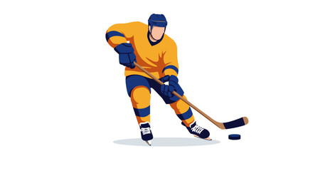 Fototapeta premium Ice hockey player in action, skillfully controlling the puck with his stick during a game on the rink.