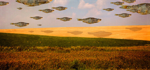 Surreal landscape with flying fish