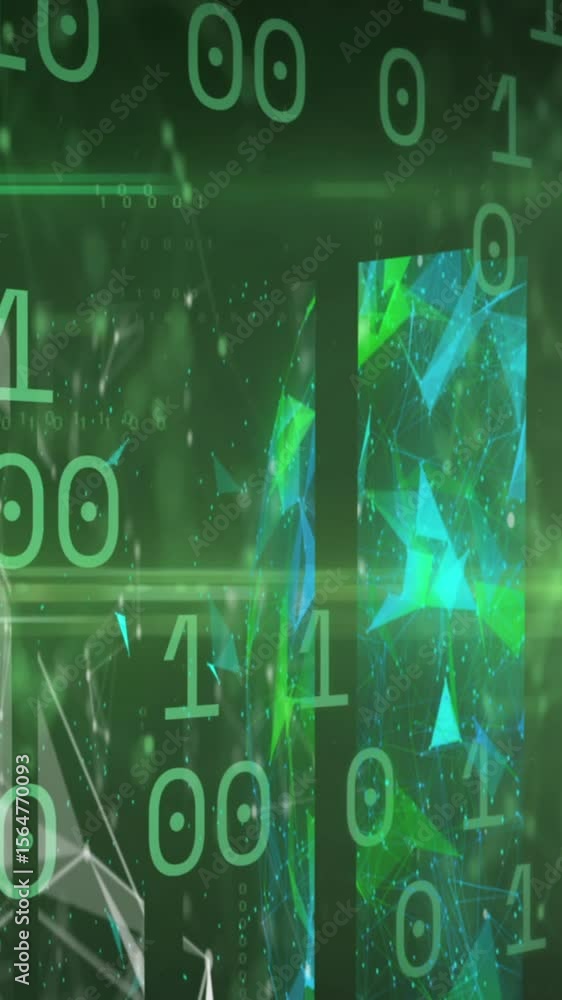 Poster binary coding data processing over screens of plexus networks against green background