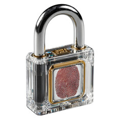 Padlock with biometric sensor, isolated on transparent background