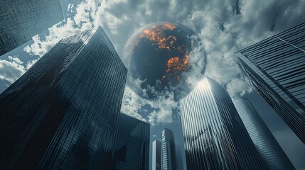Apocalyptic City with a Burning Planet Looming in a Dramatic Sky.