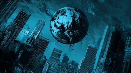 Monochromatic Sci-Fi Cityscape with a Foreboding Alien Planet.