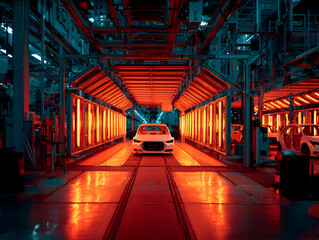 Fototapeta premium Futuristic Automotive Manufacturing Frames with Red and Orange Glow in High-Tech Industrial Plant – Minimal Human Presence