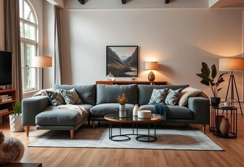 Grey sofa, stylish living room, modern decor, cozy atmosphere,  design,  comfortable