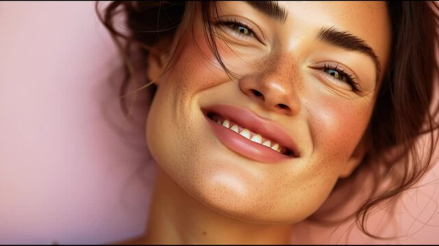 Beautiful female with radiant and healthy skin, wearing a light pink violet purpul background.