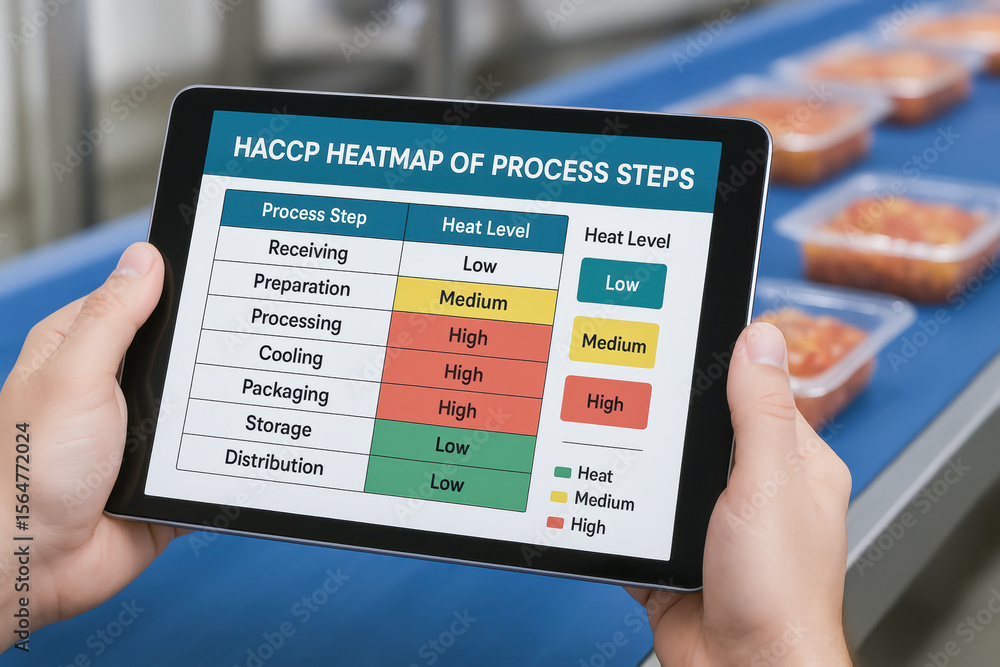 Poster haccp hazard analysis critical control point heatmap shows process steps with low medium and high he
