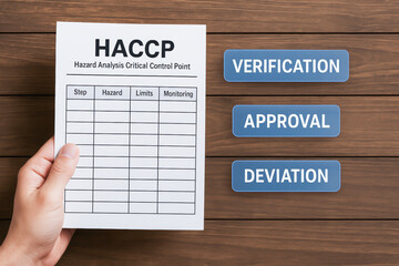 HACCP hazard analysis critical control point document held with verification approval and deviation signs on wooden table for safety management