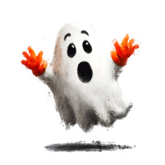 Spooky ghost with cartoon face, isolated on transparent background