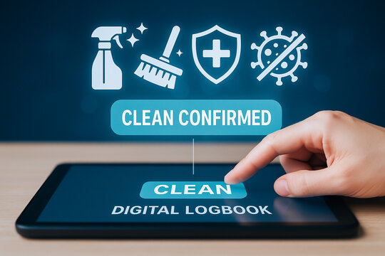 Clean confirmed digital logbook tablet with hand pointing and icons of spray bottle broom shield and virus for hazard analysis critical control