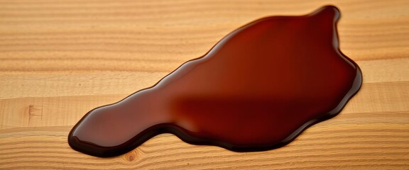 Dark brown coffee stain spreading across a wooden table,  liquid,  morning