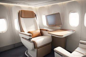 Fototapeta premium Airplane business-class seating; recliner, screen, table, and window
