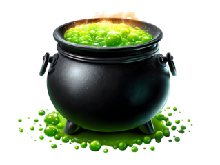 Witch cauldron bubbling with green potion, isolated on transparent background