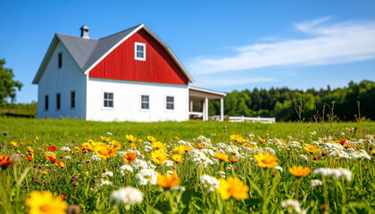 White farmhouse on meadow with wildflowers under blue sky