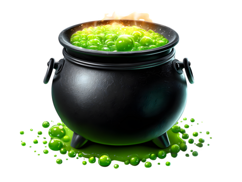 Witch cauldron bubbling with green potion, isolated on transparent background