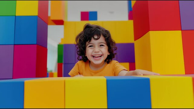 Happy 5 years old kid playing in a colorfull brigs room,