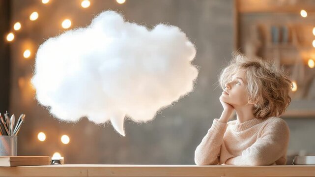 Thoughtful woman in cozy sweater daydreaming with floating cloud indoors