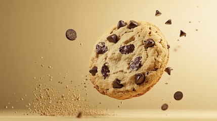 A stylized chocolate chip cookie appears suspended in time against a solid cookie beige background. The golden edges and gooey chocolate chips are highlighted, with a faint steam rising 