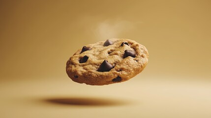 A stylized chocolate chip cookie appears suspended in time against a solid cookie beige background. The golden edges and gooey chocolate chips are highlighted, with a faint steam rising 