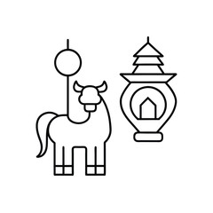 Symbolic line art illustration of a horse and lantern for cultural celebration or branding