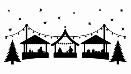 Silhouette of a christmas market with stalls trees lights and stars creating a festive atmosphere