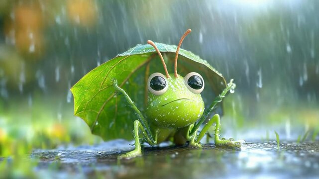 Adorable green frog using leaf umbrella in rainy weather with raindrops falling