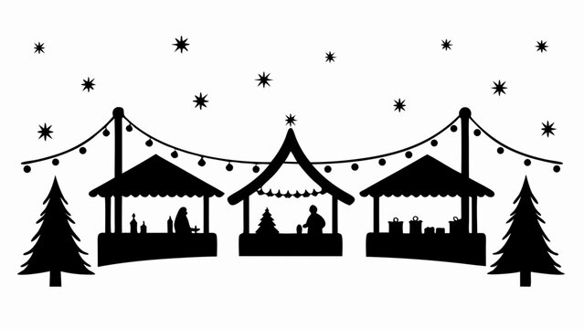 Silhouette of a christmas market with stalls trees lights and stars creating a festive atmosphere