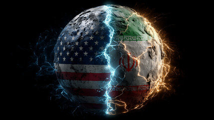 Conflict of cultures iran flags and american flag unite in a cracked earth concept global tension digital art