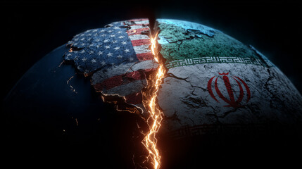 Conflict between iran flags and american flag a cracked earth representation of division in global politics