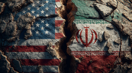 Tensions rise iran flags and american flag clash conceptual art on cracked wall global politics symbolism