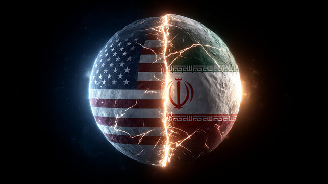 Tensions rise iran flags and american flag split the globe global conflict 3d rendering dark space political discourse - Powered by Adobe