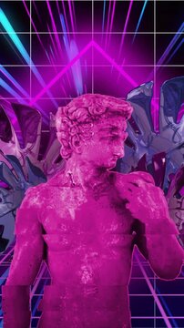 Animation of pink classical statue and leaves distorting over grid and neon beams on black