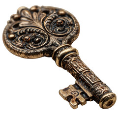 Treasure key with intricate design, isolated on transparent background