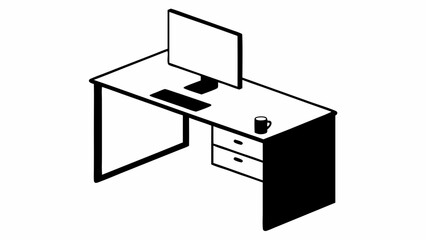 Isometric view of a desk with a computer monitor keyboard and a coffee mug in black and white style