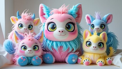 Fototapeta premium Adorable Pastel Plush Toys Soft, Fluffy Fantasy Creatures