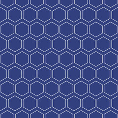 Traditional japanese sashiko geometric hexagon shape seamless pattern with white lines on a dark blue background.