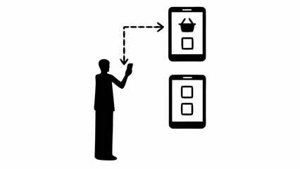 Silhouette of person using a smartphone with shopping cart and two phones on the right side view