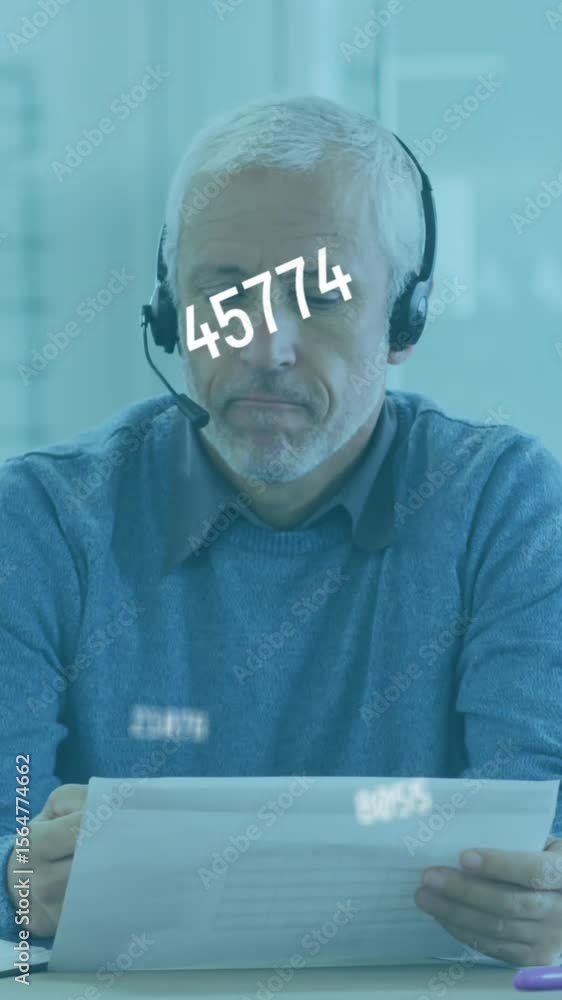Poster animation of numbers floating with man going through paperwork in an office