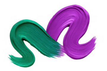 Vivid green and purple brushstrokes intersecting, merging with fluid motion across transparent surface, depicting artistic color interaction