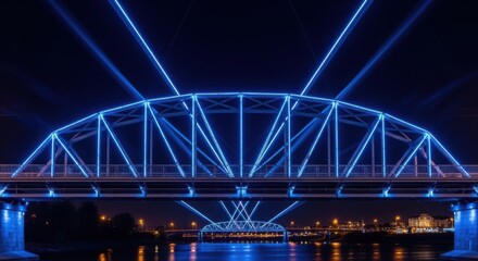 Illuminated Arch Bridge at Night with Blue Lights Reflecting on Water