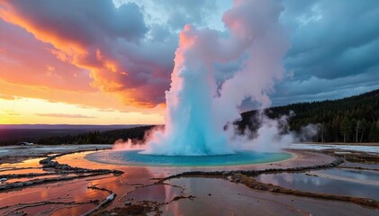 Yellowstone Geyser Eruption Majestic Plume Against Dramatic Sky - Breathtaking Geothermal Power