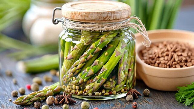 Fresh asparagus spears in glass jar with spices on rustic tabletop