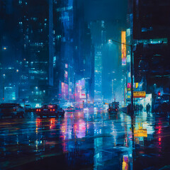 Obraz premium Neon Echoes: Reflections in a Nighttime Urban Landscape Amidst a Quiet City Symphony