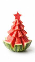 Healthy handcut christmas tree made from watermelon isolated with copy space