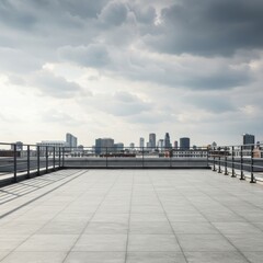 Obraz premium Rooftop view with city skyline under cloudy sky and metal railing casting shadows on the tiled surface