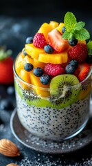 Delicious and colorful chia seed pudding topped with fresh fruits at a cozy kitchen setting