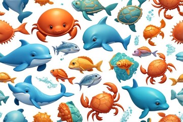 Naklejka premium Sea creature cartoon pattern crabs, dolphins, turtles, fish on white
