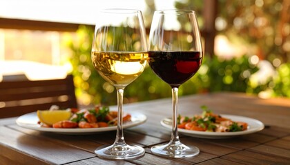 Fototapeta premium Close-up of red and white wine in elegant glasses on rustic table with shrimp, lemon, and herbs in warm restaurant lighting and cozy ambiance.