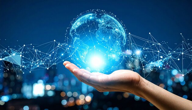 A woman's hand reaching out to the metaverse universe, symbolizing the digital transformation that will shape the next generation of technological advancements.