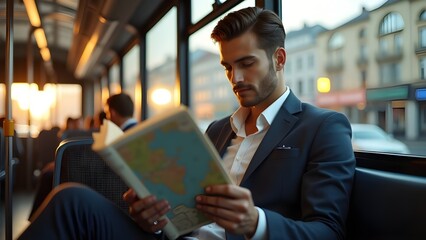 Young Businessman Reading Book While Commuting on Bus
